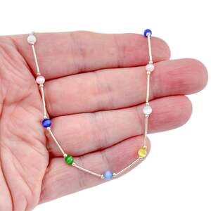 1990's Sterling Silver Multicolor Cat’s Eye Glass Bar-and-Bead Necklace 15.5 In